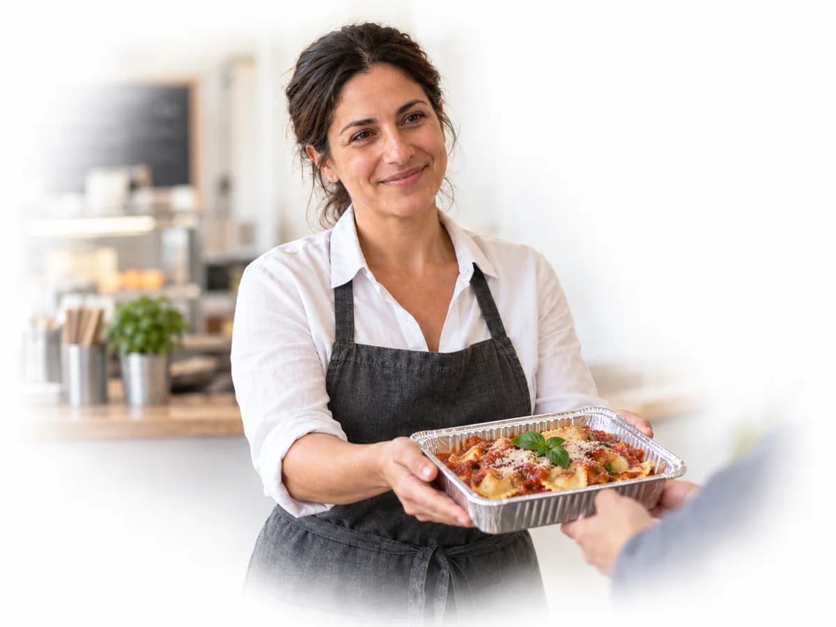 Una cocinera entrega una bandeja de pasta para llevar